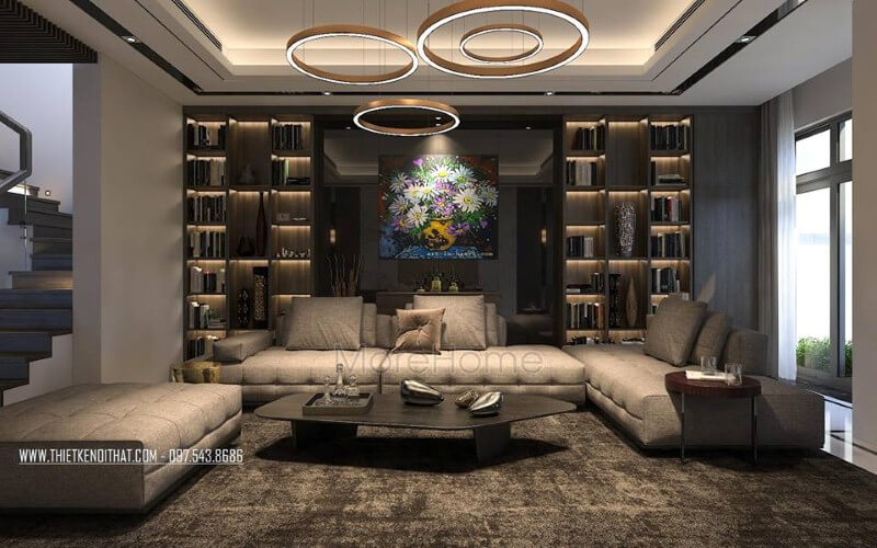 Bộ sofa da cao cấp tone nâu sang trọng, ấm áp với các nút thắt tỉ mỉ tinh tế xứng đáng là trung tâm nội thất phòng khách biệt thự, nhà phố. Thiết kế phòng khách biệt thự