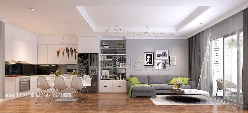 Tủ bếp chữ L được thiết kế hợp lí với phần bếp nấu và khu vực xơ chế rửa thực phẩm, thuận tiện hơn trong quá trình nấu nướng, dọn dẹp Tủ bếp chung cư