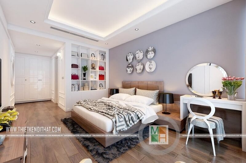 Thiết kế phòng ngủ chung cư hiện đại cho cô nàng độc thân cá tính với kệ trưng bày túi sách độc đáo và các đồ nội thất đơn giản tiện nghi mang đến căn phòng ngủ lí tưởng Mẫu nội thất chung cư