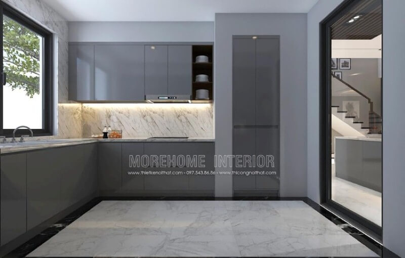 Tủ bếp hiện đại, sang trọng ấn tượng với chất liệu gỗ acrylic màu xám độc đáo. Tủ bếp gỗ công nghiệp và tủ bếp acrylic