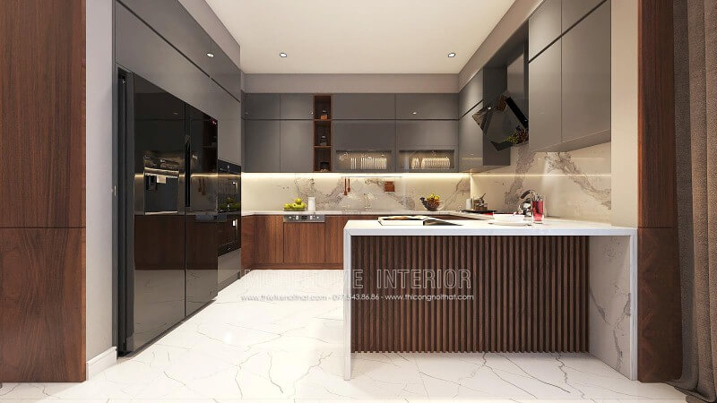 Tủ bếp gỗ acrylic đẹp sang trọng cho phòng bếp nhà phố, biệt thự hiện đại. Tủ bếp gỗ công nghiệp và tủ bếp acrylic