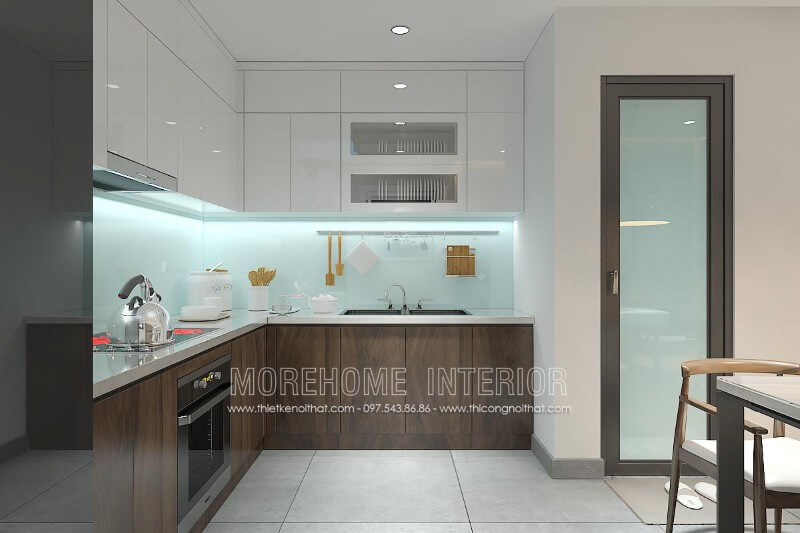 Bố trí tủ bếp chữ L hiện đại, các ngăn tủ được phân chia hợp lí giúp gia chủ thuận tiện hơn trong việc lưu trữ vật dụng nhà bếp và nấu nướng. Tủ bếp hiện đại,tủ bếp đẹp hiện đại, tủ bếp An Cường