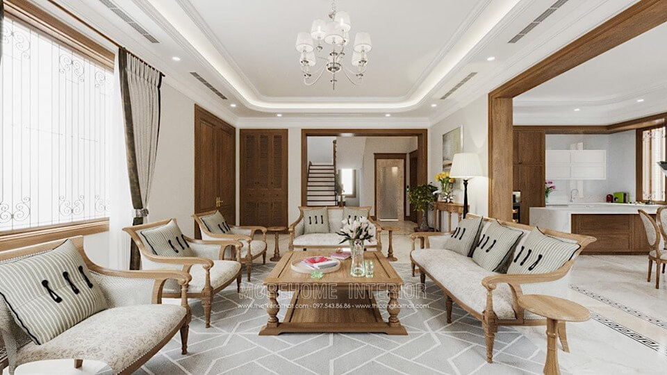 Thiết kế nội thất phòng khách biệt thự Bắc An Khánh phong cách á đông hiện đại Thiết kế nội thất phòng khách biệt thự