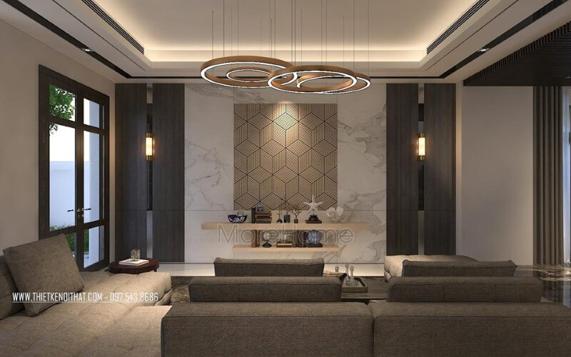 Thiết kế phòng khách hiện đại ấn tượng với đá ốp tường cao cấp cùng họa tiết 3D độc đáo. Thiết kế nội thất phòng khách biệt thự