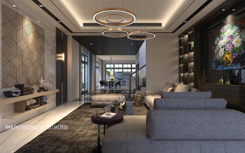 Thiết kế tầng 1 đẹp, sang trọng cho nhà phố, biệt thự với ý tưởng thiết kế phòng khách kề phòng ăn theo phong cách hiện đại. Thiết kế nội thất phòng khách biệt thự
