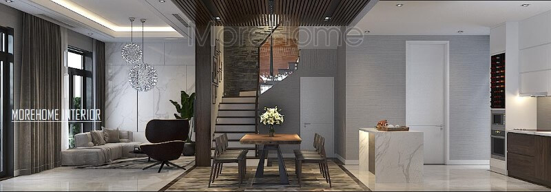 Phối cảnh trang trí hiện đại đẹp cho biệt thự nhà phố với ý tưởng thiết kế phòng khách liền bếp ăn. Thiết kế nội thất phòng khách biệt thự