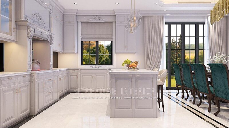 Thiết kế tủ bếp gỗ tự nhiên nhập khẩu cao cấp ấn tượng, các chi tiết chạm khắc tỉ mỉ, tinh tế mang lại không gian sang trọng Tủ bếp đẹp, tủ bếp đẹp hiện đại, tủ bếp An Cường, tủ bếp cao cấp