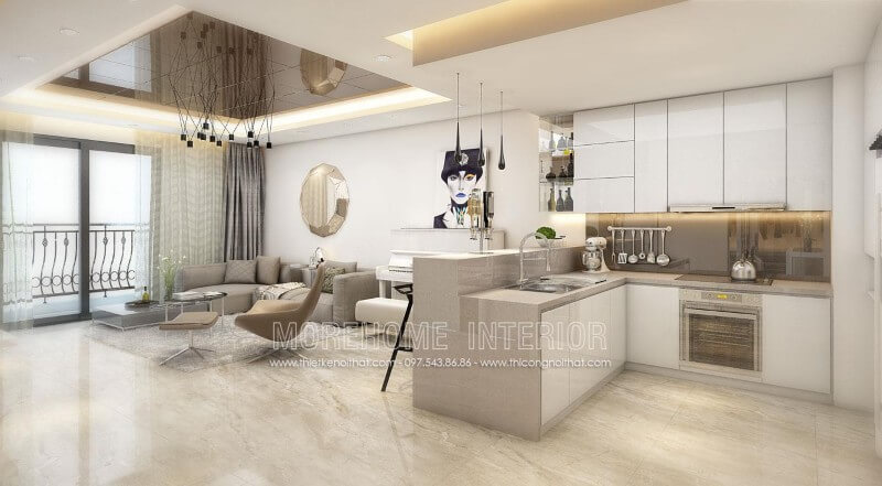 Tủ bếp gỗ công nghiệp màu trắng tạo cảm giác sáng sủa, tươi mới cũng như tăng cường ánh sáng tự nhiên mang lại cảm giác sạch sẽ tạo nên một không gian bếp hiện đại và sang trọng Tủ bếp đẹp, tủ bếp đẹp hiện đại, tủ bếp An Cường, tủ bếp cao cấp