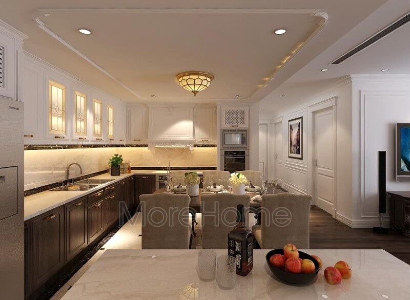 Với lối thiết kế tận dụng mọi góc chết, nội thất phòng bếp chung cư trông rộng và thoáng hơn. Thiết kế phòng bếp đẹp