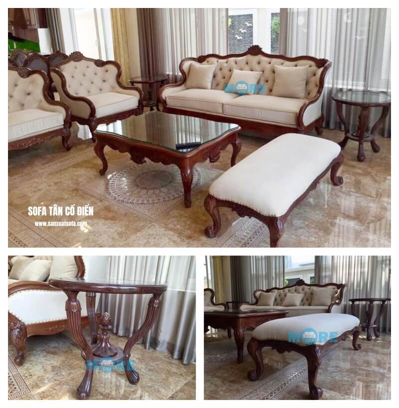 Bàn giao Sofa tân cổ điển MS-011 gỗ tự nhiên óc chó kết hợp bọc nỉ nhập khẩu cao cấp màu trắng nổi bật tại chung cư Gardenia sofa tân cổ điển
