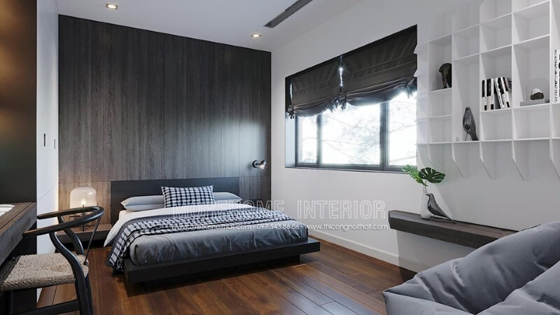 Điểm nhấn tường phòng ngủ độc đáo, sang trọng với gỗ ốp tường cao cấp. Thiết kế nội thất phòng ngủ biệt thự