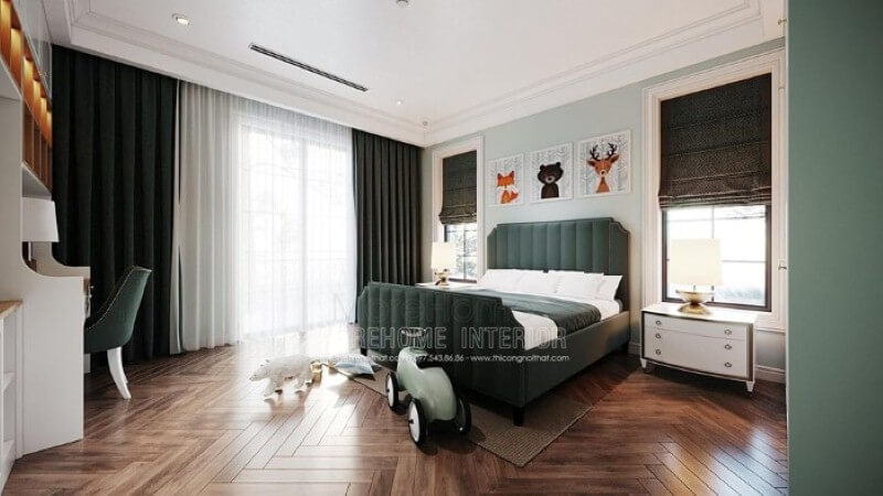 Bộ tranh treo tường hình ảnh các con vật đáng yêu tạo điểm nhấn sinh động cho phòng con. Thiết kế nội thất phòng ngủ biệt thự