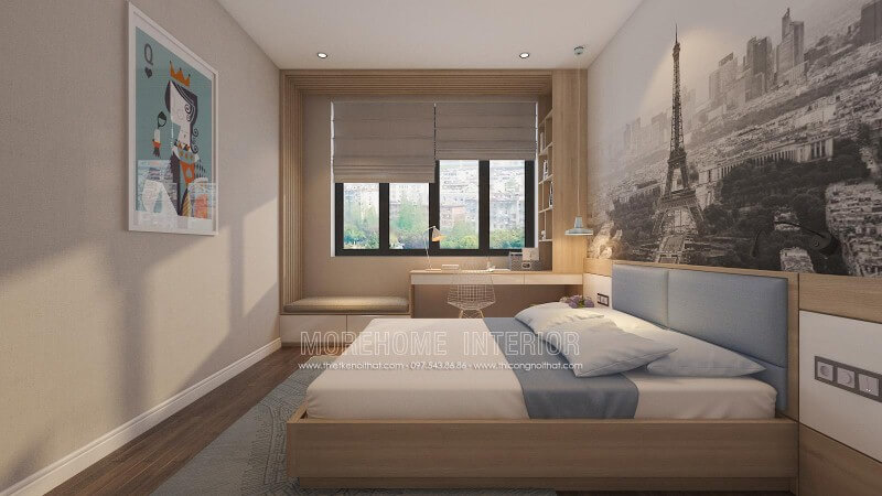 Bố trí nội thất phòng ngủ hiện đại có bàn làm việc hay góc học tập gần cửa sổ đẹp, sang trọng và tiện ghi. Thiết kế nội thất phòng ngủ biệt thự