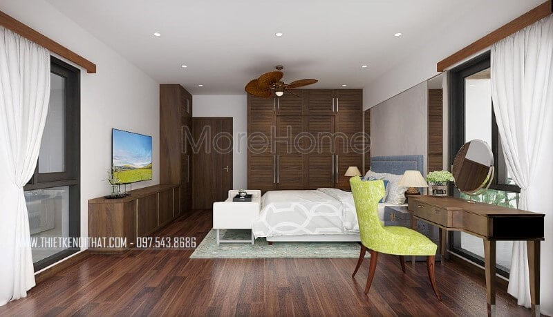 Nội thất phòng ngủ vợ chồng gỗ óc chó trở thành điểm nhấn bởi vẻ đẹp hoàn hảo được tôn lên từ Sàn gỗ, bộ bàn ghế trang điểm, tủ quần áo, kệ tivi, cửa gỗ. Thiết kế nội thất phòng ngủ biệt thự