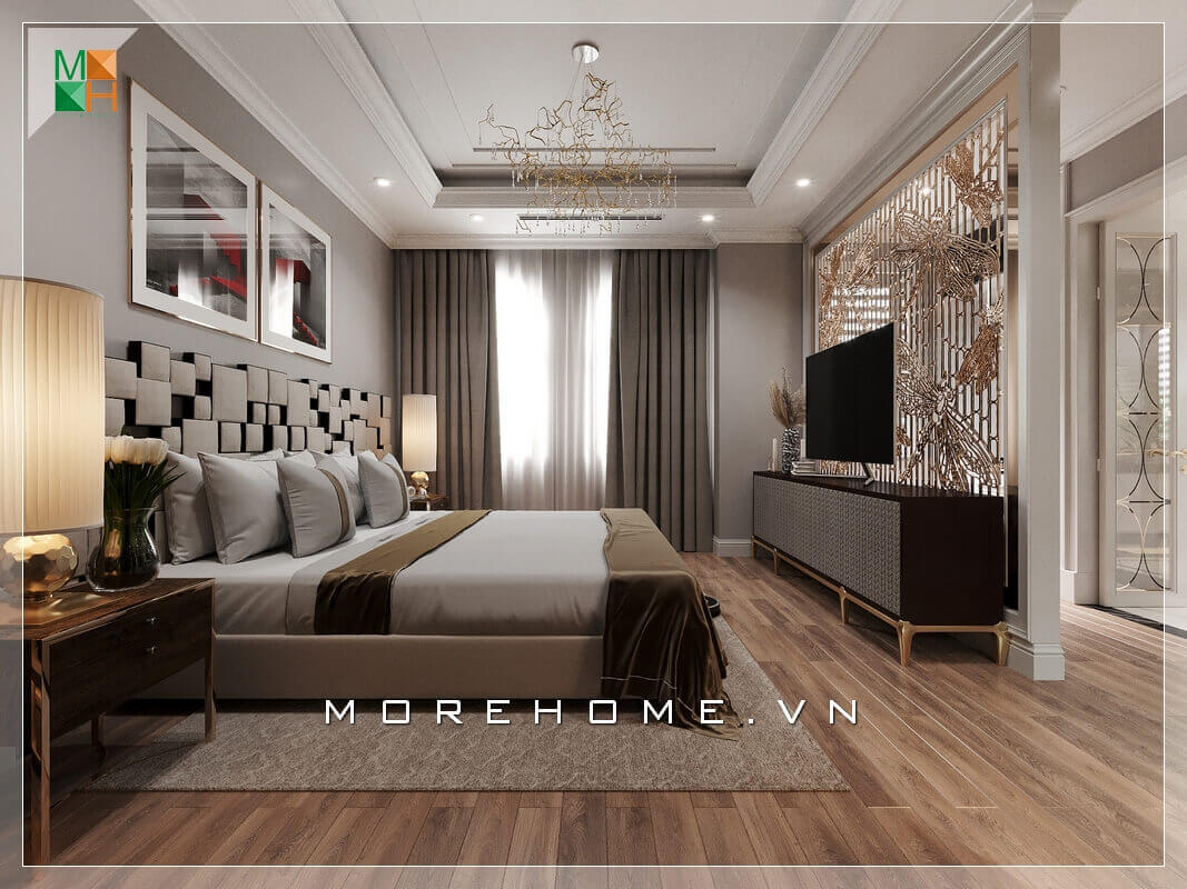 Chiêm ngưỡng mẫu giường ngủ khung gỗ bọc nệm đầu giường rất độc đáo và hiện đại. Thiết kế nội thất phòng ngủ biệt thự