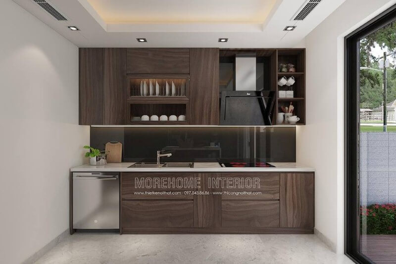 Tủ bếp có máy rửa bát được bố trí khá hợp lý để tạo nên không gian bếp đẹp, hiện đại, khoa học. Thiết kế tủ bếp chung cư