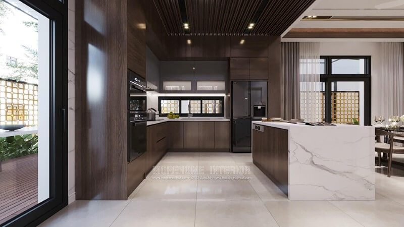 Thiết kế quầy bar bếp giúp người nội trợ thuận tiện khi ra đồ hay dọn dẹp và còn là vách ngăn cho phòng bếp và phòng ăn