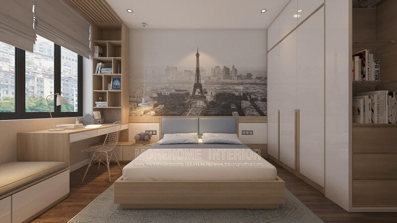 Sắp xếp nội thất phòng ngủ hiện đại, đẹp sang trọng với tranh dán tường địa danh nổi tiếng cùng nội thất gỗ công nghiệp An Cường cao cấp.