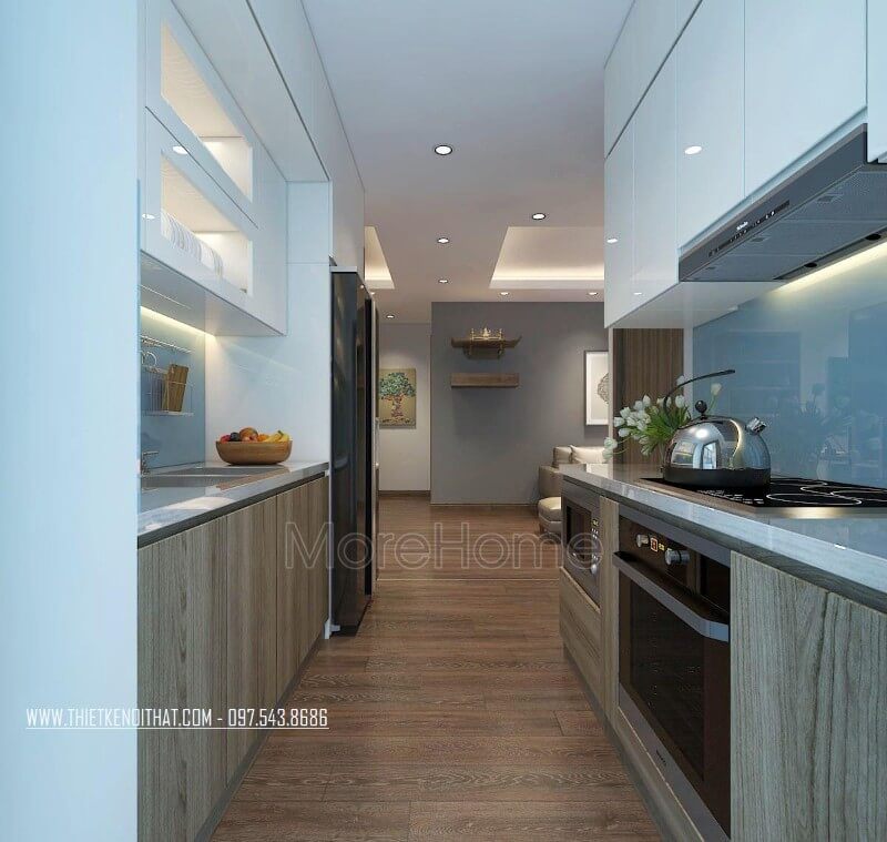 Phòng bếp đa năng với hệ thống tủ bếp chữ U hiện đại, sự kết hợp giữa màu nâu và màu trắng của gỗ công nghiệp được nổi bật, ưa nhìn.