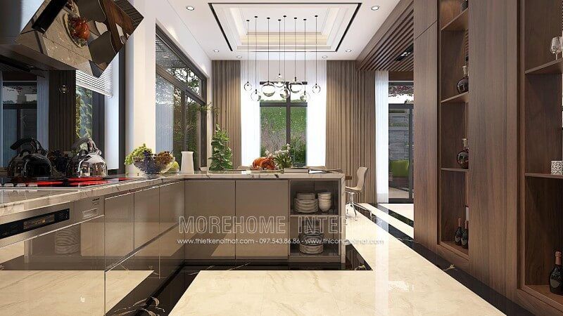 Mẫu tủ bếp gỗ công nghiệp phủ bóng gương đầy mới lạ, tone màu xám nhẹ ấn tượng mang lại sự sang trọng cho căn phòng