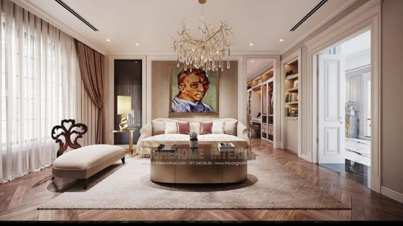 Tranh canvans treo tường chân dung họa sĩ Van Gogh nổi tiếng tạo điểm nhấn ấn tượng cho phòng giải trí trong phòng ngủ.