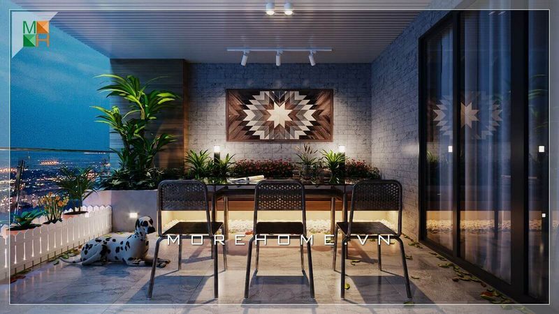 Ấn tượng với mẫu tranh canvas họa tiết độc đáo làm tăng thêm vẻ sang trọng cho không gian ban công biệt thự hiện đại.