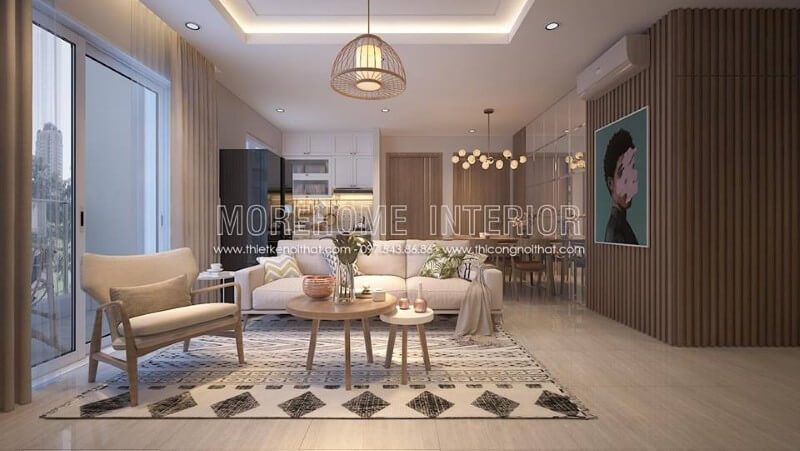 Không gian phòng khách với đồ nội thất cần thiết thiết kế hiện đại đẹp mắt được phân cách bởi tấm thảm trải sàn họa tiết lạ mắt, mang đến sự thu hút đặc biệt