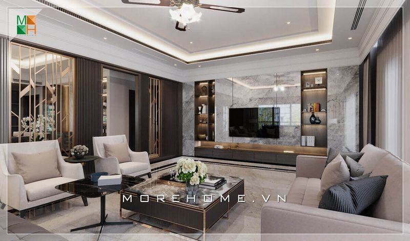 Mẫu vách ốp tivi phòng khách bằng đá nhân tạo vân mây xám cao cấp, mang đến vẻ hiện đại sang trọng cho không gian phòng khách chung cư, nhà phố, biệt thự